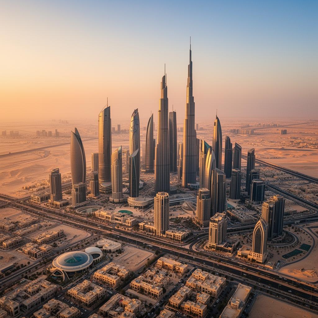 MENA futuristic city skyline at golden hour